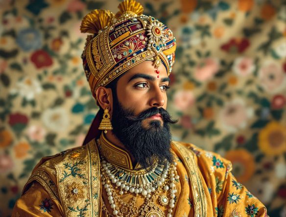 A regal Mughal painting portrait of an emperor in a jeweled turban, detailed floral background, inspired by Jahangir era painting, soft natural lighting.