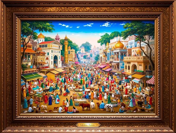 A vibrant Mughal style painting of a bustling marketplace, intricate details, rich colors, traditional Indian miniature art AI aesthetic, framed border.