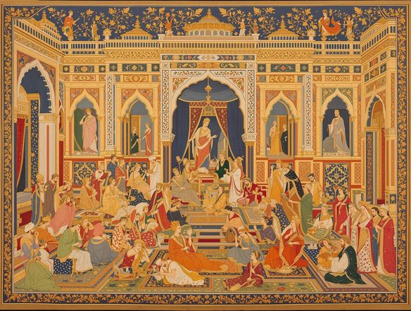 Intricate Mughal miniature painting depicting a royal court scene with vibrant colors, detailed figures in traditional attire, and ornate architectural elements, rendered in a classic style.