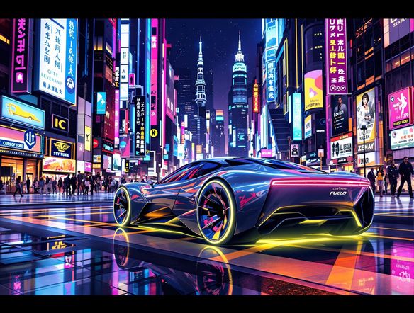 A split image comparing a luxury car on one side and a fuel-efficient car on the other, set against a vibrant cityscape backdrop.