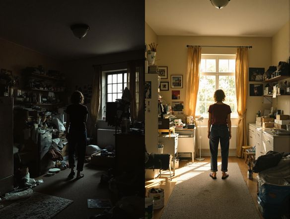 A split image showing a dull, cluttered room on the left and a bright, organized room on the right. Use natural lighting and a realistic style to emphasize the dramatic improvement. Focus on cleanliness, space, and visual appeal.
