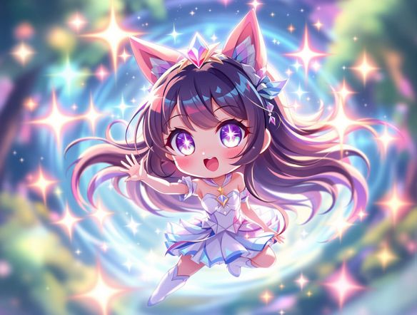 A vibrant anime chibi illustration of a magical girl character, sparkling eyes, dynamic pose, rendered in a clean, popular chibi style art.