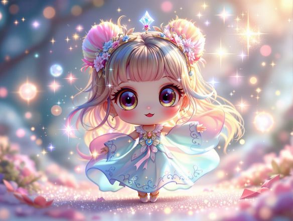 A vibrant and adorable chibi character with large expressive eyes, wearing a whimsical outfit, surrounded by sparkling magical elements, digital art style.