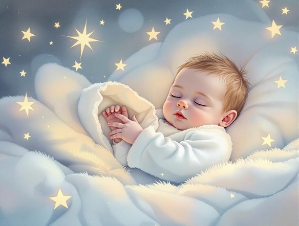 A whimsical baby announcement featuring a cute sleeping baby surrounded by stars and soft pastel colors. The announcement includes the baby's name, birthdate, and a short, sweet message. Digital art, soft lighting.