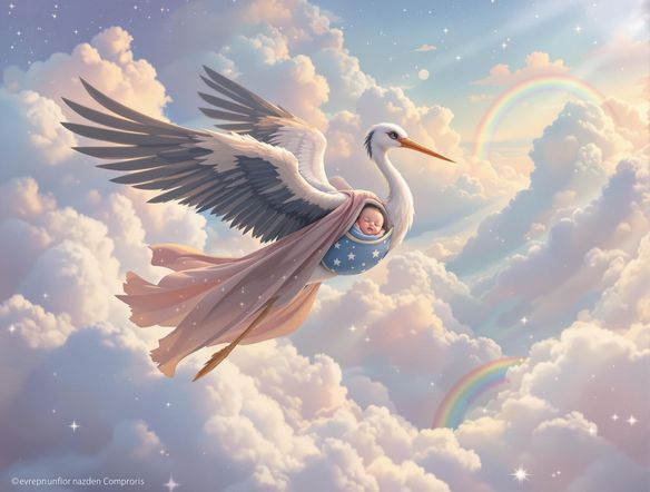 A stork carrying a baby in a sling made of stars, flying over a pastel-colored dreamscape with fluffy clouds and rainbow bridges.