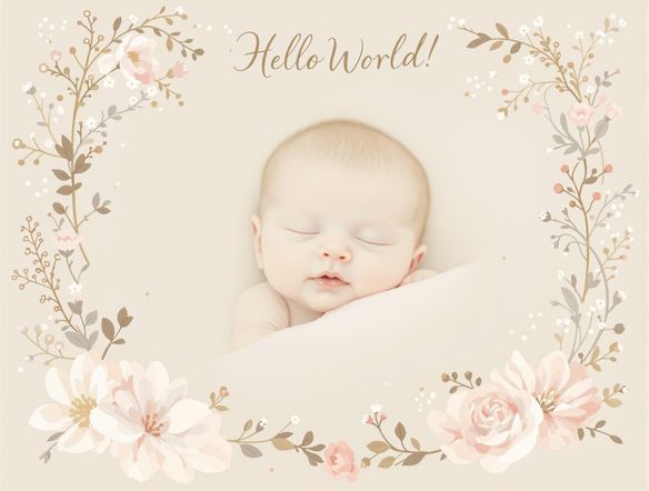 A beautifully designed baby announcement featuring a custom AI-generated frame with floral elements and a space for a photograph of the newborn. The frame is delicate and elegant, with soft, pastel colors. Include the text 'Hello World!'