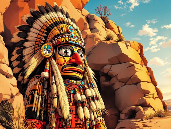 A detailed, vibrant illustration of a traditional Hopi Kachina doll, showcasing intricate carvings and authentic regalia, AI generated in a classic illustrative style.
