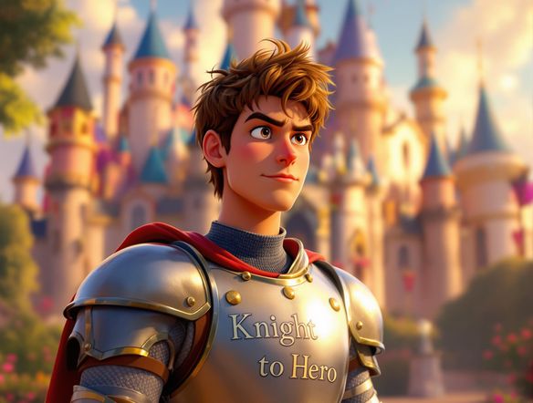 A brave young knight, described in text, transforming into a courageous Disney character with a determined expression, set against a fairytale castle backdrop. Incorporate 'text to Disney character' and 'Disney animation filter'.