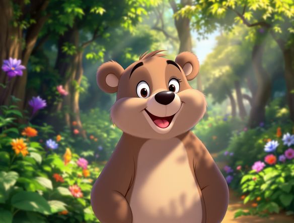 A whimsical, friendly bear character designed in classic Disney animation style, smiling brightly, standing in a lush forest. Use the 'generate Disney character' and 'AI cartoon maker' keywords.