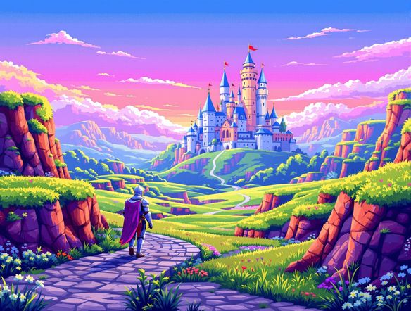 A pixel art landscape of a fantasy castle, rendered in a classic 8-bit style, with a knight in shining armor approaching. Vibrant colors, low-resolution graphic.