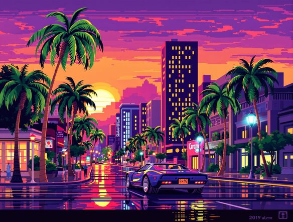 A vibrant 8-bit cityscape at sunset, with pixelated palm trees and a vintage sports car driving down the street, evoking a nostalgic, retro feel.