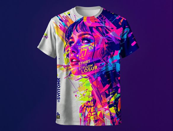 A realistic mockup of a t-shirt featuring a digitally painted portrait generated by AI. The portrait should be vibrant and eye-catching, showcasing the integration of AI-generated art into a product mockup. Showcase the portrait generator.