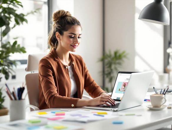 A clean, modern workspace featuring a laptop displaying a photorealistic mockup of a website design, surrounded by creative tools and a cup of coffee, bathed in soft, natural light.