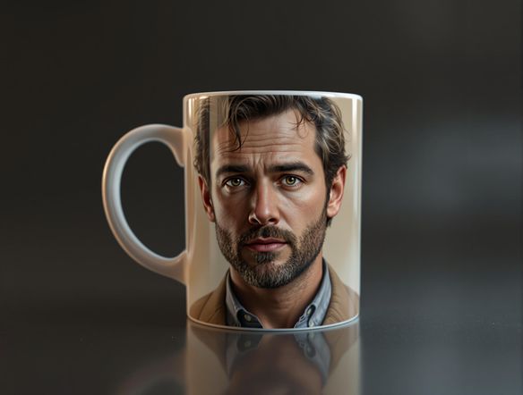 A mockup of a coffee mug featuring a hyperrealistic portrait of a person generated by AI. The portrait should seamlessly blend with the mug's design, demonstrating the power of AI in creating personalized and engaging product mockups. Showcase the portrait ai generator.