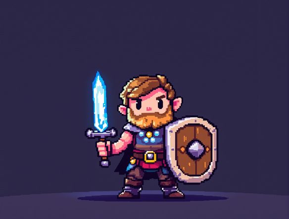 A charming 2D pixel art avatar, 8-bit style, a fantasy adventurer with a sword and shield, set against a simple pixelated background.