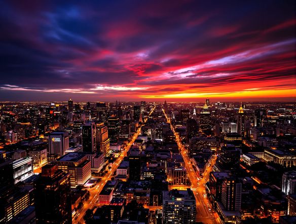 A cityscape at sunset, rendered in a stunning HDR image style, with vibrant, glowing lights and rich, deep shadows, professional photography.