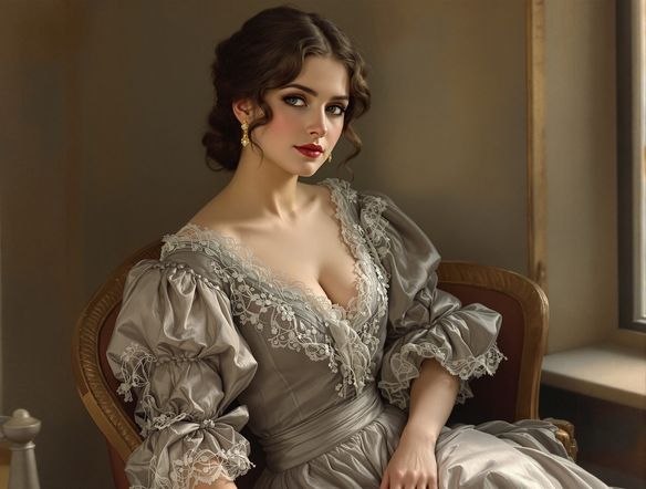A sophisticated Edwardian lady in a lace-trimmed dress, soft studio lighting, painterly style, intricate details, vintage portrait AI, Edwardian era.