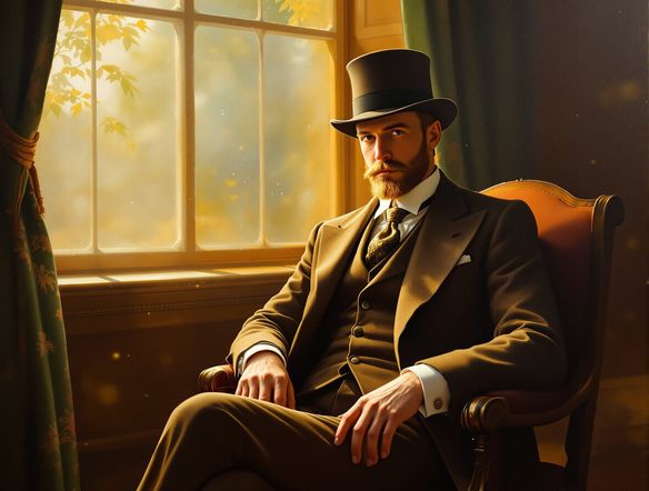 A distinguished Edwardian era gentleman in a tailored suit and top hat, seated in a study, rich textures, oil painting style, early 1900s portrait generator.