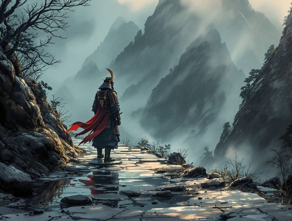 A solitary ronin standing on a misty mountain path, wearing traditional samurai armor, detailed feudal Japan art maker style, dramatic lighting, serene atmosphere.