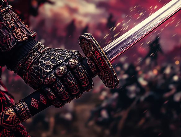 Close-up of a samurai's hand gripping a gleaming katana, detailed ornate armor, battlefield background with blurred figures, dynamic action shot, ronin generator.