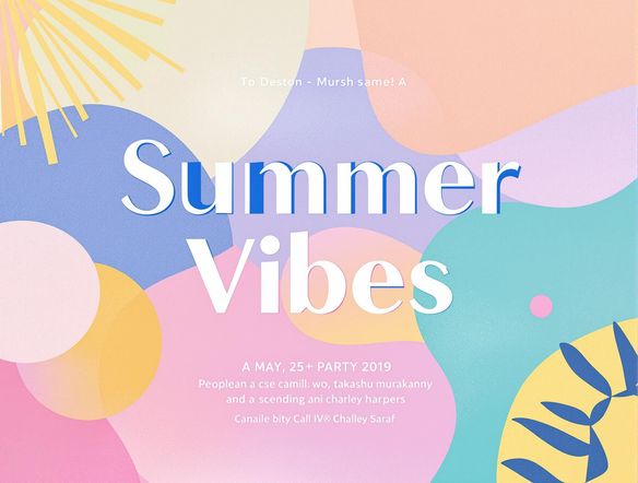 A vibrant party flyer featuring a bold, minimalist font spelling out 'Summer Vibes'. The background includes abstract geometric shapes in pastel colors, creating a fun and modern aesthetic.