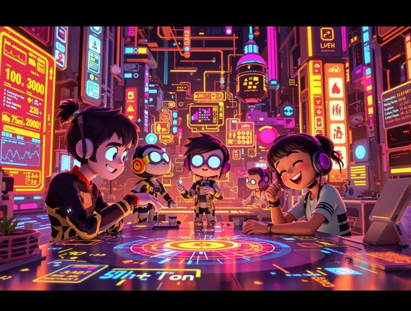 A vibrant, dynamic scene of animated characters interacting within a digital interface, showcasing the creation of an animated video with AI.