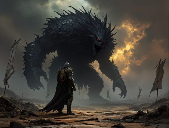 A lone knight stands before a colossal, shadowed beast in a desolate, war-torn landscape. The atmosphere is thick with an oppressive, grimdark aesthetic, rendered in high detail. Epic dark fantasy characters and a sense of foreboding.
