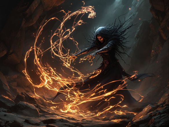A spectral sorceress conjures swirling dark energy amidst ancient ruins. Ethereal mist and glowing runes enhance the horror fantasy art. Focus on atmospheric lighting and a sense of dread.