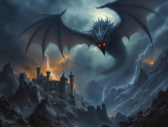 A colossal, shadowy dragon with glowing red eyes soaring through a stormy, desolate sky above a crumbling gothic castle, lightning illuminating jagged peaks. Epic dark fantasy art.