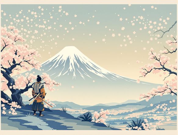 A serene Japanese landscape with Mount Fuji in the distance, rendered in the traditional Ukiyo-e style, featuring a lone samurai contemplating the view, with cherry blossoms falling.
