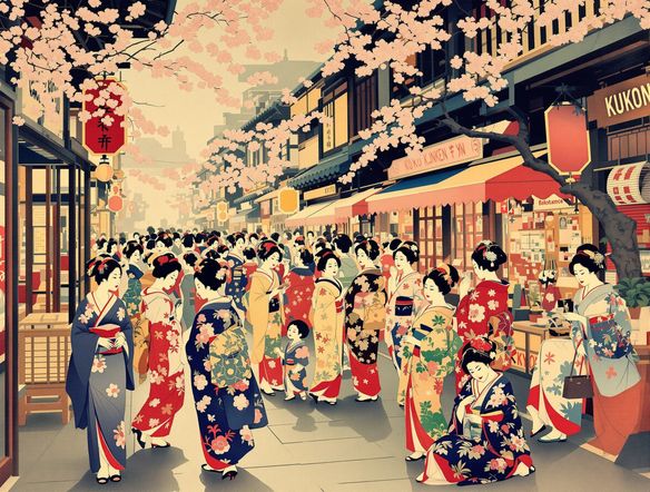 A vibrant scene of geishas in a bustling Kyoto street, detailed as a traditional Japanese print. AI Ukiyo-e images with delicate linework and flat color areas, capturing the spirit of the floating world.