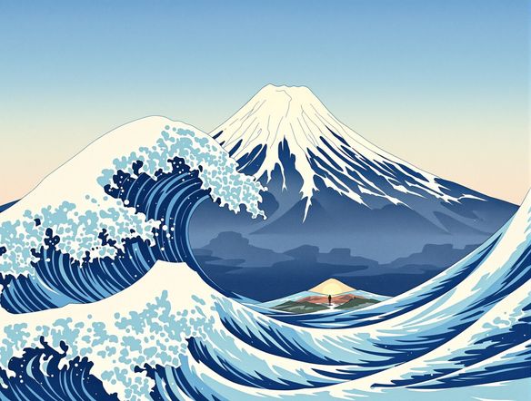 A serene landscape of Mount Fuji with a turbulent sea, rendered in the distinctive Hokusai style art, evoking classic Japanese genre painting. Clean lines, bold colors, woodblock print aesthetic.