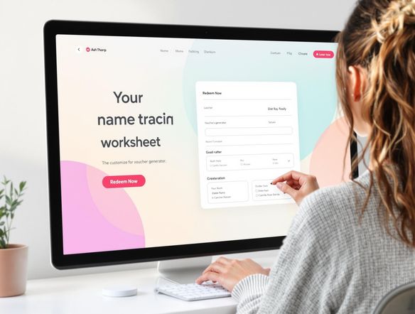 A clean, modern interface showcasing a personalized name tracing worksheet creation process. A voucher generator icon is prominently displayed, with a call-to-action button to 'Redeem Now'. Focus on ease of use and visual appeal.