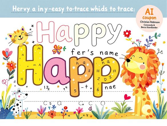 A vibrant, colorful handwriting worksheet featuring a child's name in large, easy-to-trace letters. Include playful animal illustrations and a subtle ai coupon generator graphic in the corner.