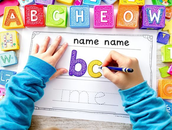 A child's hand carefully tracing their name on a colorful worksheet, with playful alphabet blocks scattered around.