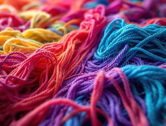 Ultra-detailed close-up of vibrant, colorful yarn strands, arranged artistically to showcase texture and depth, studio lighting, 8k resolution.