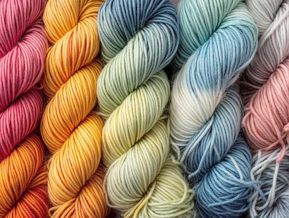 Close-up photograph of a collection of colorful yarn skeins, arranged in a harmonious palette, showcasing various textures and shades, high resolution, natural lighting.