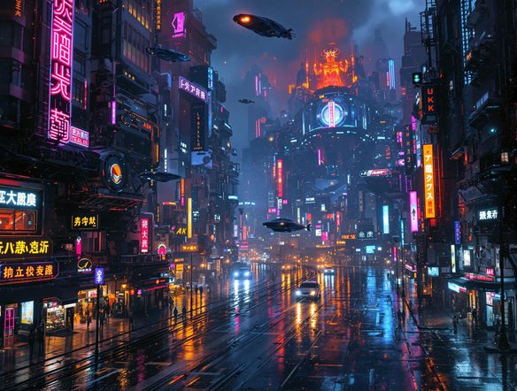 A hyperrealistic digital painting of a cyberpunk cityscape at night, neon lights reflecting on wet streets, with flying vehicles and intricate architectural details, 8k resolution.