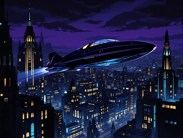 A vintage-style flying car hovers above a dimly lit, art deco cityscape at night. Neo-noir illustration, retro-futuristic dark art, moody atmosphere, glowing neon accents, 1950s sci-fi influence.