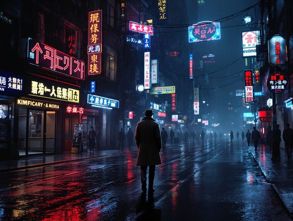 A lone detective stands on a rain-soaked street, neon signs reflecting in puddles. Cyberpunk noir aesthetic, dark city, atmospheric lighting, high detail, cinematic.