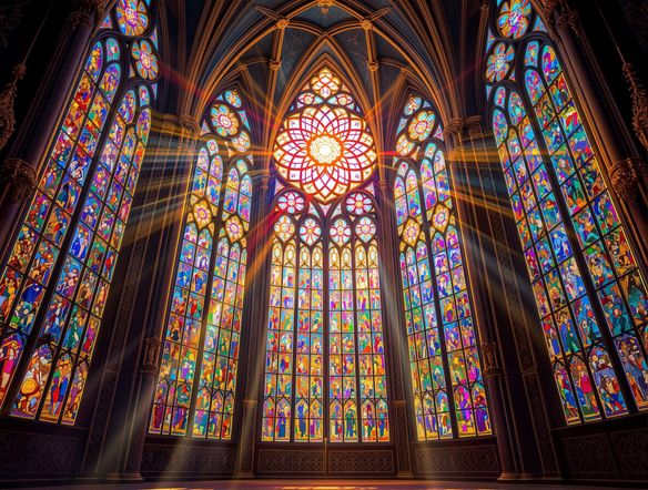 An expansive, ornate cathedral window in the Gothic style, featuring a central rose design with radiant light filtering through, detailed mosaic patterns, digital art.