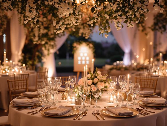 A photorealistic rendering of a wedding reception table, meticulously arranged with fine china, silverware, and glassware. The scene should evoke a sense of luxury and celebration. Focus on the details of the table setting, with a soft, romantic lighting scheme. Include a wedding seating plan generator visual in the background.
