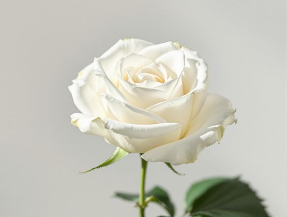 A single white rose isolated on a pure white background, photographed with soft, diffused lighting to eliminate harsh shadows.