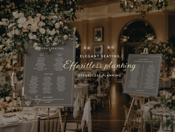 A beautifully rendered digital art piece showcasing a sophisticated wedding reception layout. The image should highlight an elegantly designed seating chart, with soft lighting and a focus on floral arrangements. Include the text 'Elegant Seating, Effortless Planning' subtly within the image.