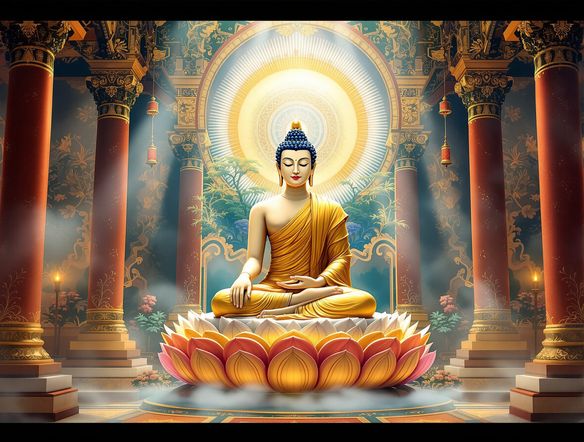 An intricate Buddhist temple painting of a meditating Buddha, rendered in the style of traditional Asian scroll art, with vibrant colors and flowing lines. AI-generated.