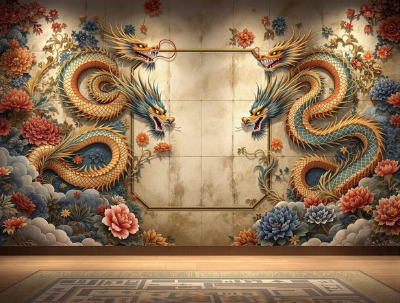 A panoramic digital temple mural design featuring mythical dragons and intricate floral patterns on a weathered stone wall, inspired by traditional Chinese art. AI-generated.