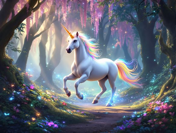 A majestic white unicorn with a rainbow mane and tail, prancing through a mystical forest filled with glowing flora and soft light.