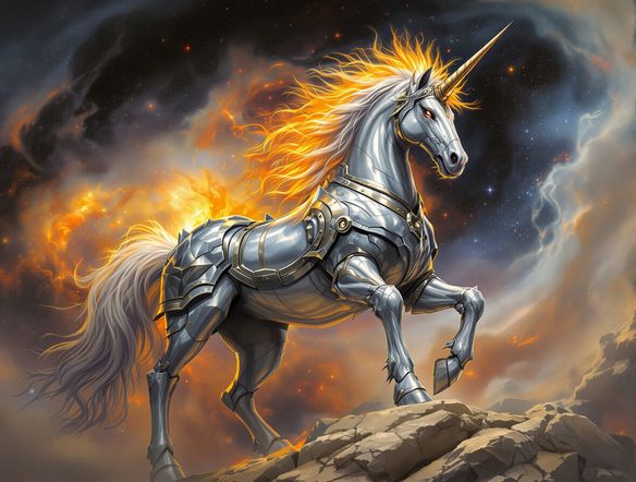 A powerful armored unicorn with gleaming silver plating and a fiery mane, standing stoically against a backdrop of a nebula. Celestial and armored unicorn art, epic fantasy, detailed armor design.