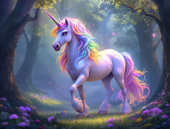 A majestic unicorn with a flowing rainbow mane and iridescent horn, standing in a mystical forest clearing. Fantasy unicorn art maker, ethereal lighting, highly detailed.