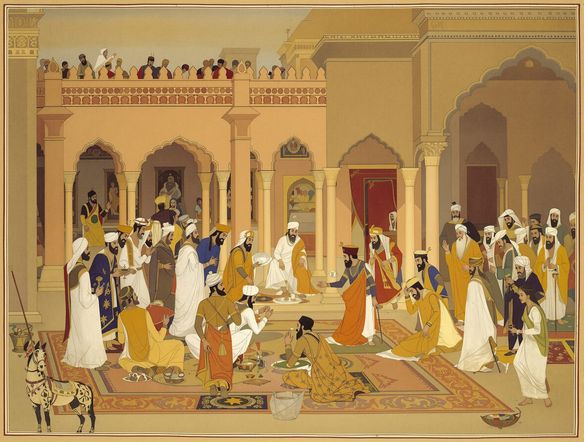 A detailed Marwar style painting showcasing a courtly scene, elements of Jaipur school miniature art, muted earth tones, expressive figures, traditional motifs.